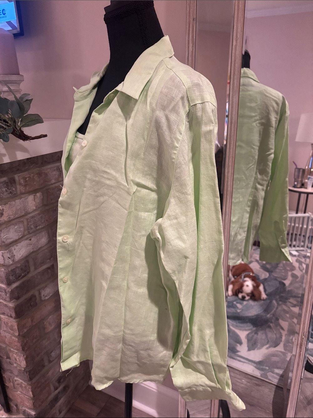 Light Green Women’s Linen-Blend Button Front Blouse - Picture 3 of 5